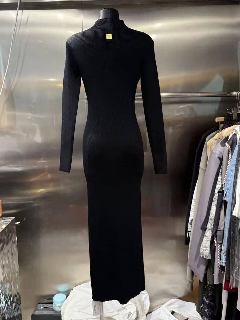 European Women Clothes Long Sleeve Waist-Cinching Knitted Long Dress.