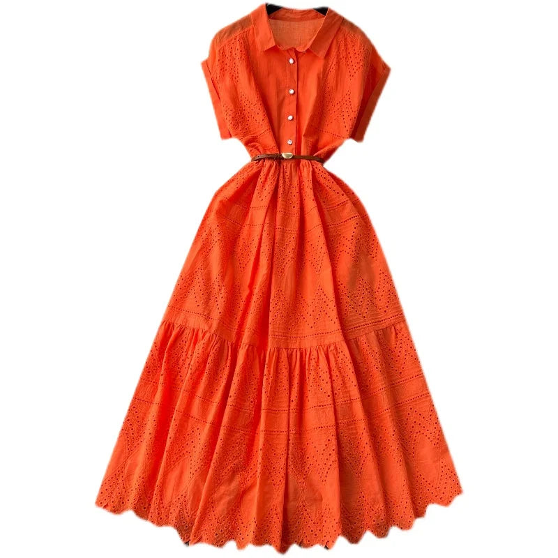 Women Summer Dress Loose Breasted Lace Up Long Dress.