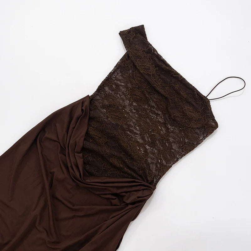 Women’s Mozision One Shoulder Lace See Through Sexy Maxi Dress.