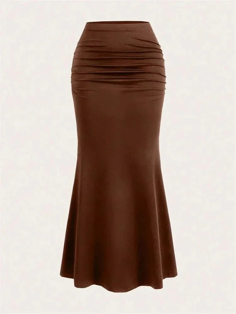Solid Bodycon Ruched Long Skirt Women Sexy Black Elastic Elegant.