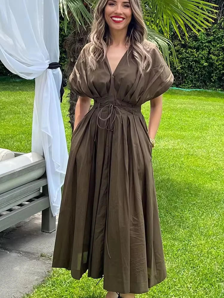 Women's New Fashion V-neck Pleated Down Shoulder Short Sleeve Midi Dress.