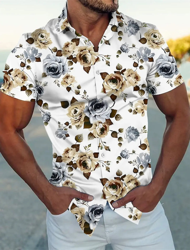 Summer Floral Rose 3D Print Shirts Men Fashion Shirt Casual Vintage.