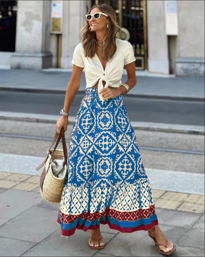 Women's Elastic Waist Printed Large Swing Skirt, Boho Spliced Midi Skirt.