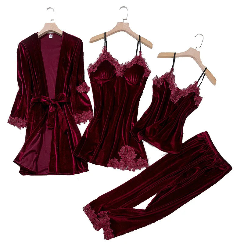 TOP Casual Velour Home Clothing 4pcs Sleep Set Intimate Lingerie Women Pajamas.