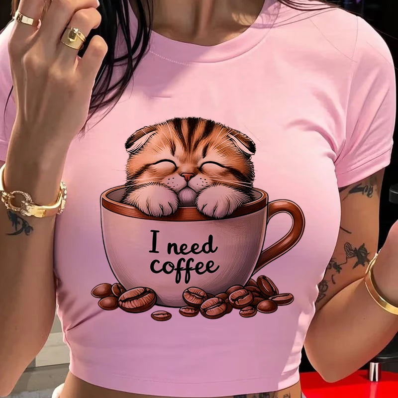 Funny Cat and Coffee Print Sexy Crop Tops for Woman Crew Neck Short Sleeve.