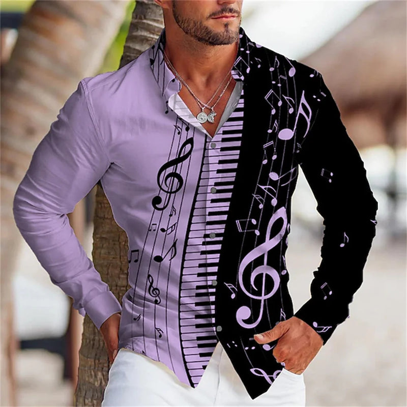 Summer Men's Long Sleeves Shirt with Musical Instrument Symbol Pattern Printed.