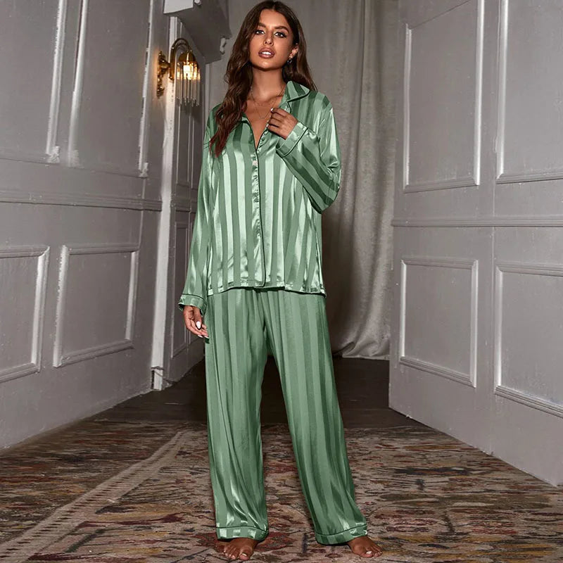 Ladies spring and autumn pajama set, with a lapel jacquard wide stripe cardigan.