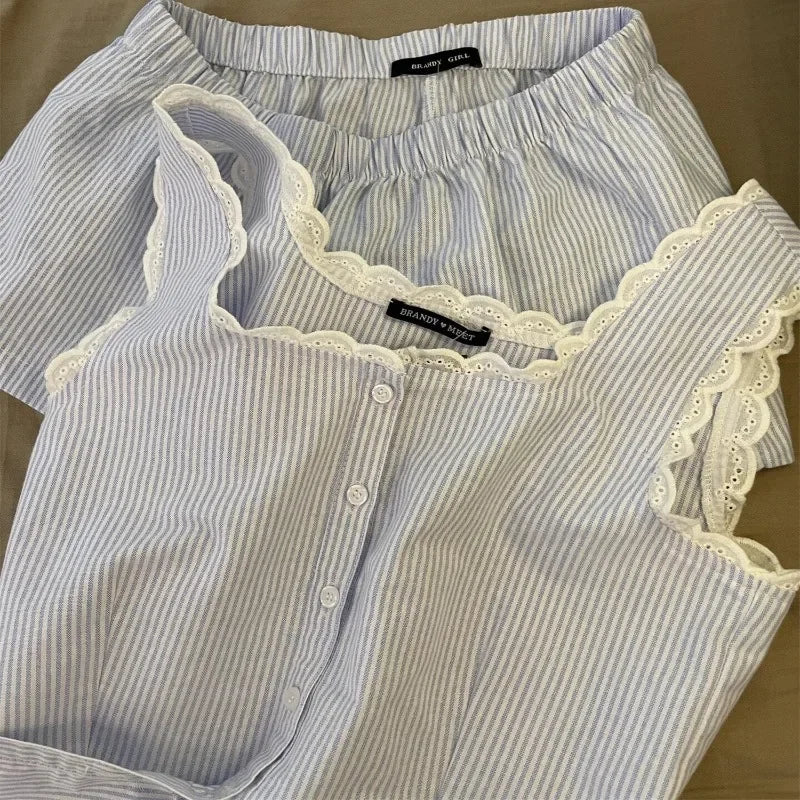 Striped Women Pajamas Summer Sleepwear Sleeveless Shorts Sets 2 Pieces.