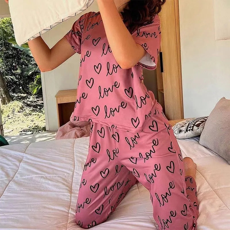 Ladies Pyjamas Dark Pink Letter Printed Short Sleeved T-shirt and Pants.