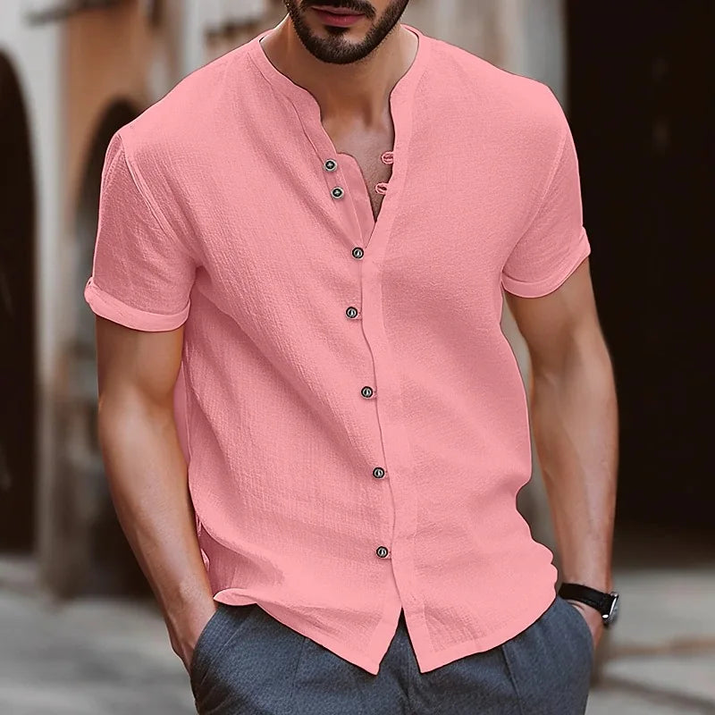 Men's Simple Texture Linen Round-neck Short-sleeve Button-down Solid-color.