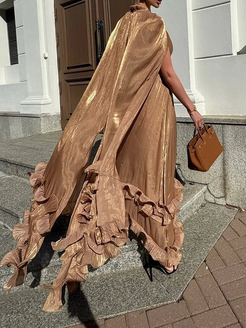 VGH Solid Spliced Ruffles Cape Long Dresses for Women.
