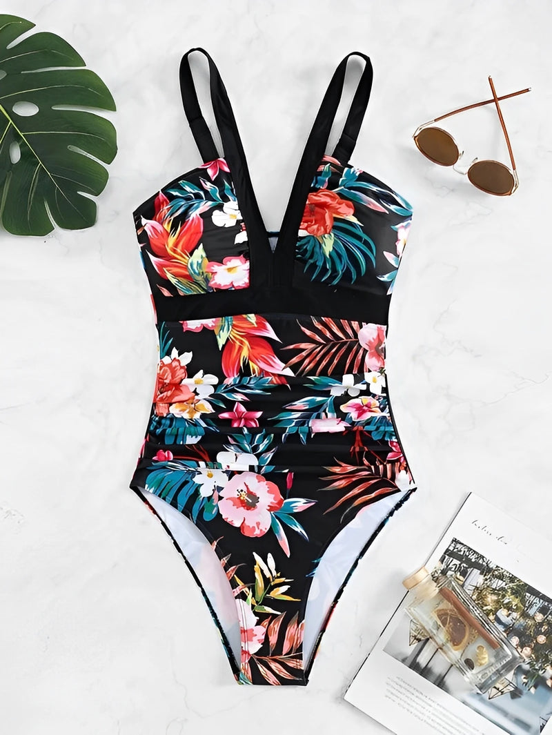 Strappy Swimsuit One Piece Printed Floral Swimwear Women Bathers Bathing.