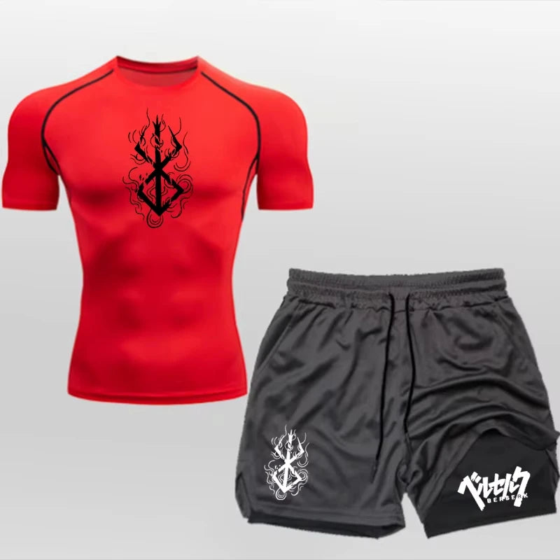 Men's Summer Gym Training Athletic Set - Short-Sleeve Compression Undershirt.