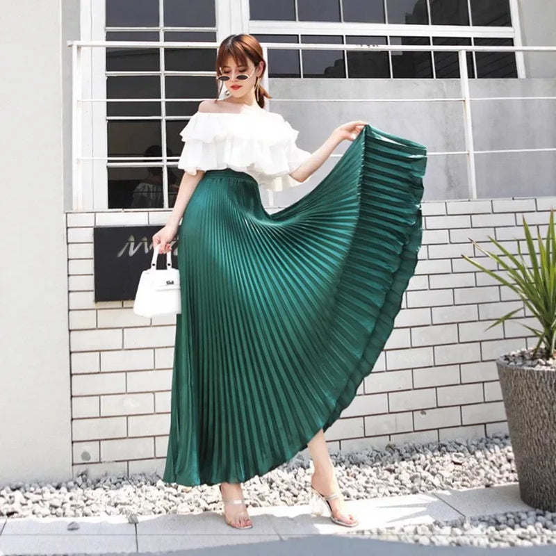 Women's Long Satin Metal Luster Pleated Skirt Half-length Accordion Skirt.