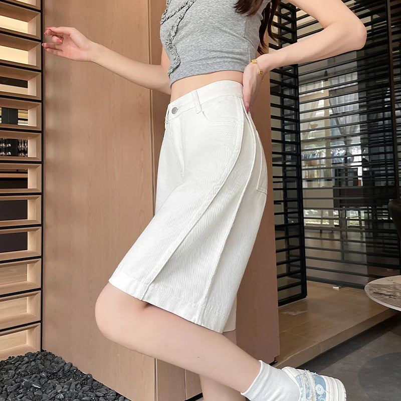Women's Summer White Five-Point Denim Shorts.