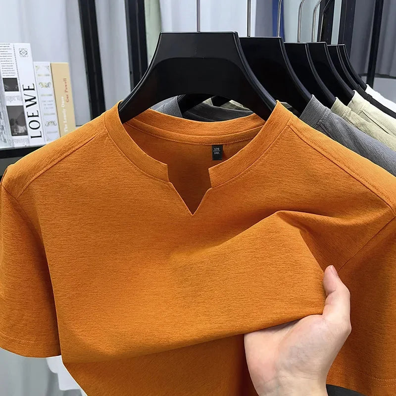 Korean Men's Casual and Fashionable Small V-neck Solid Color Short Sleeved T-shirt.