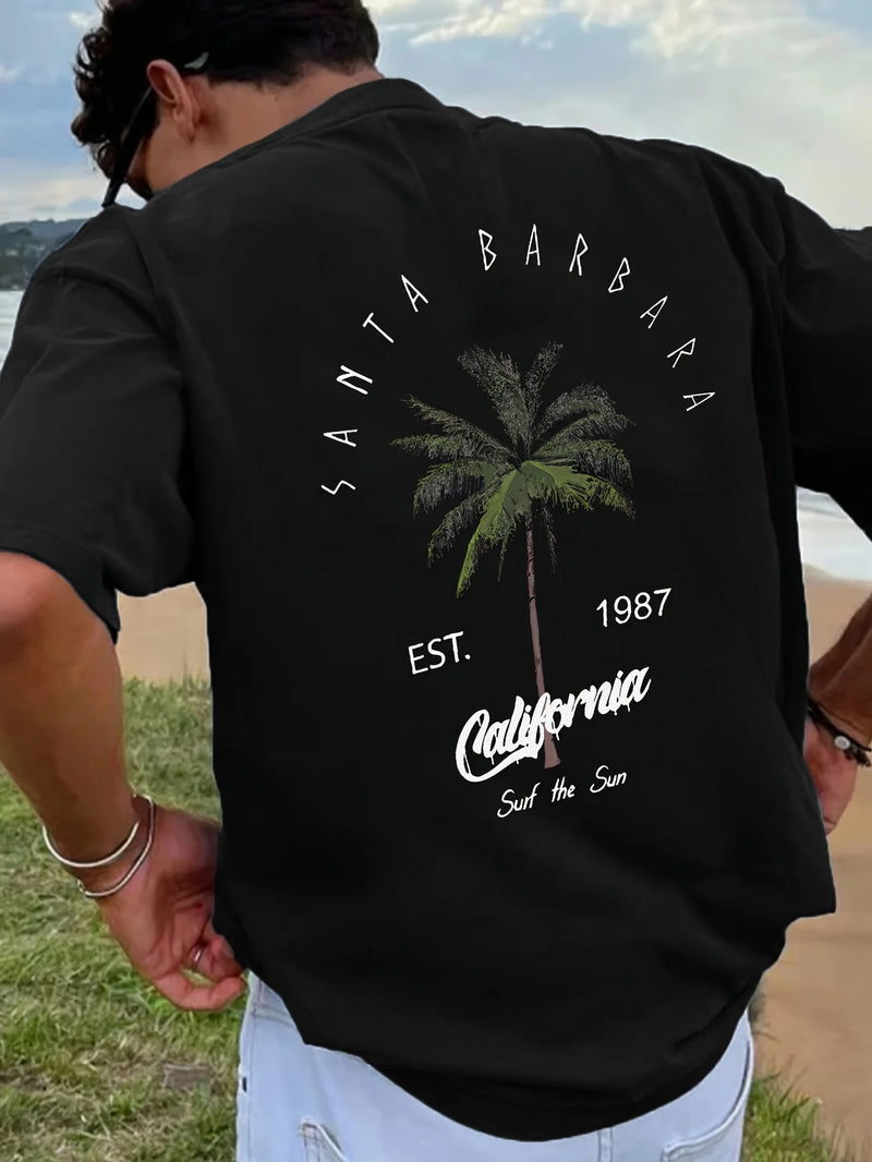Men's Vacation Coconut Tree Letter Printed Comfortable Breathable Round Neck T-shirt.