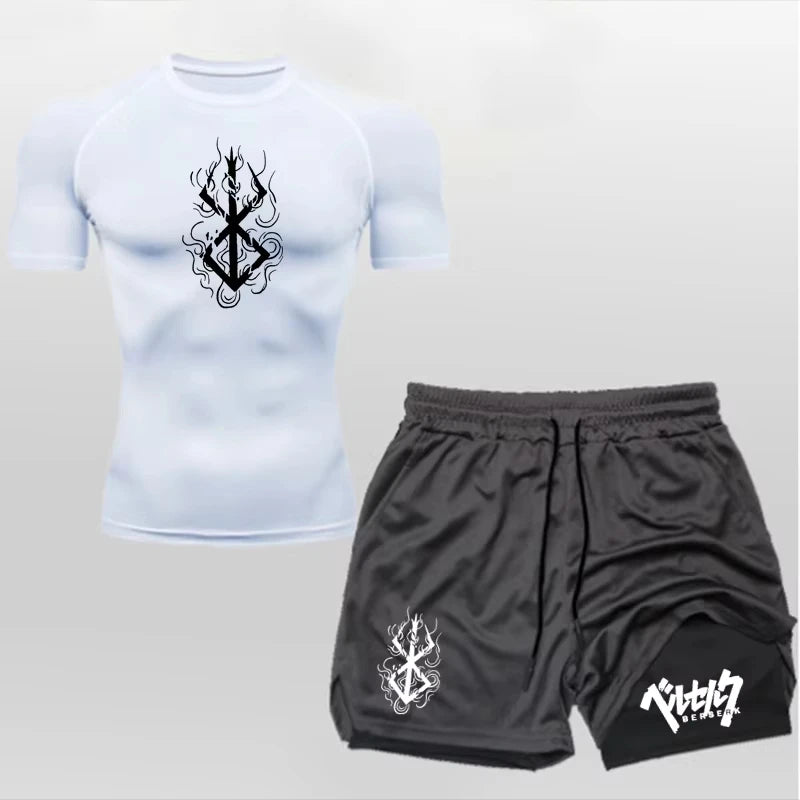 Men's Summer Gym Training Athletic Set - Short-Sleeve Compression Undershirt.