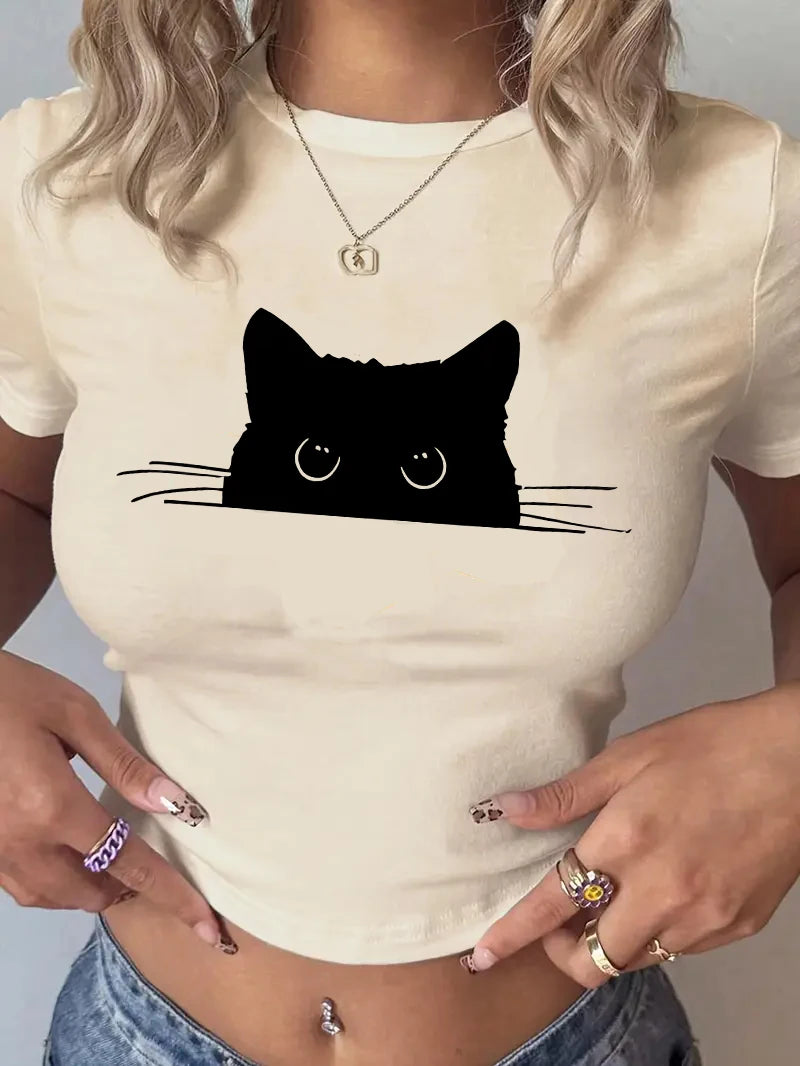 Sexy Cropped Comfortable Cat T Shirt Print Crop Top Short Sleeve Crew Neck.