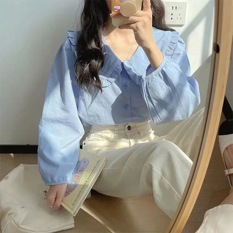 Sweet French Style Ruffle Blouse for Women Spring Summer Puff Sleeve Button.