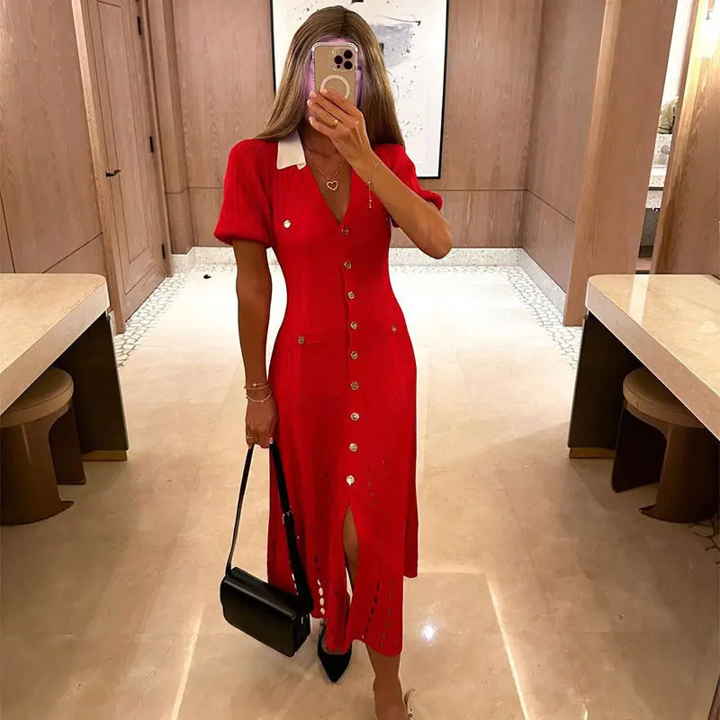 Contrast Single Breasted Knitted Dress For Women.