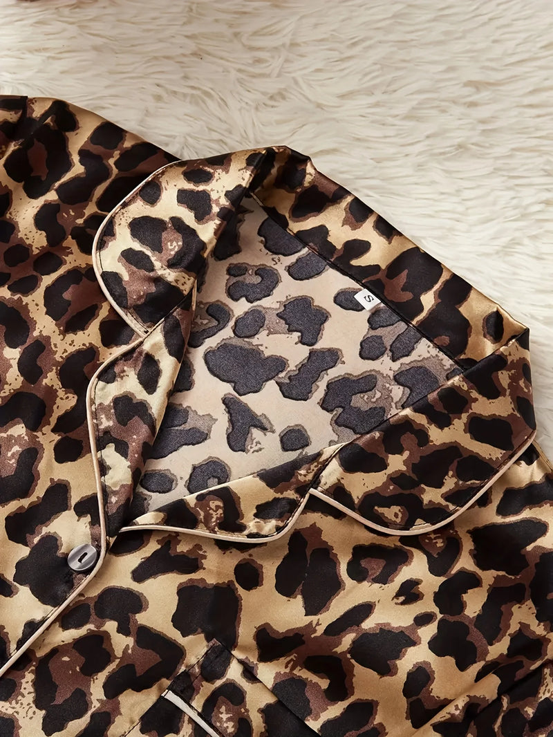 Summer Leopard Print Two Piece Pajama Set Short Sleeve Top and Shorts.