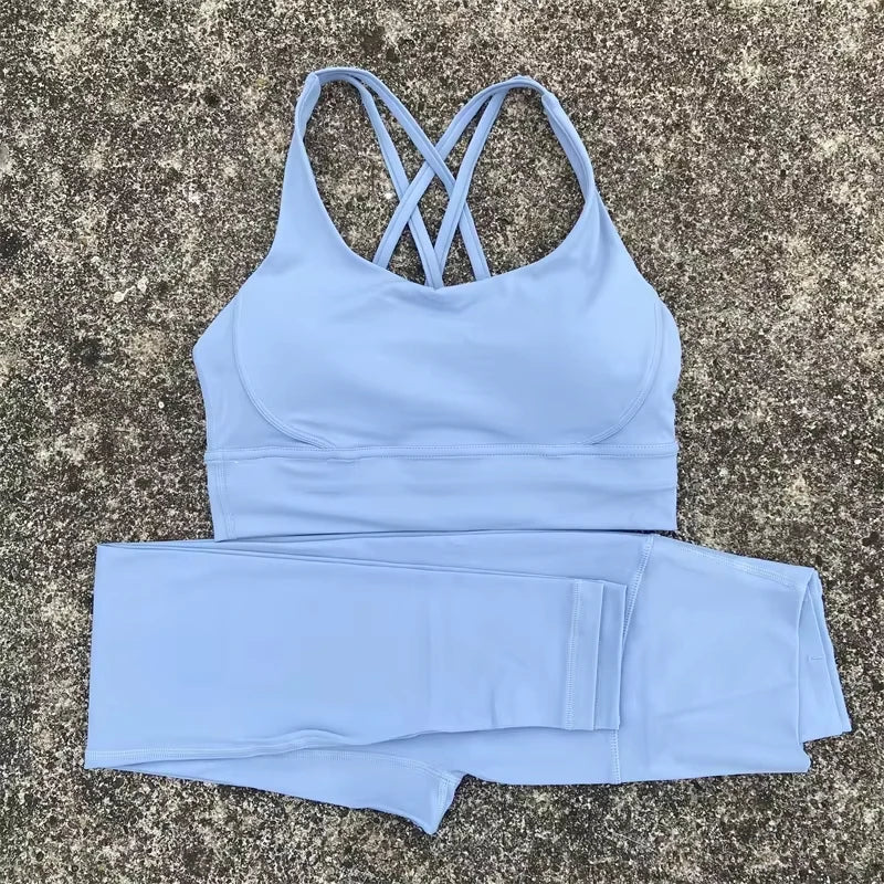 Solid Color Gym Fitness Set Tight Soft cross Fitness Bra 2pc compression.