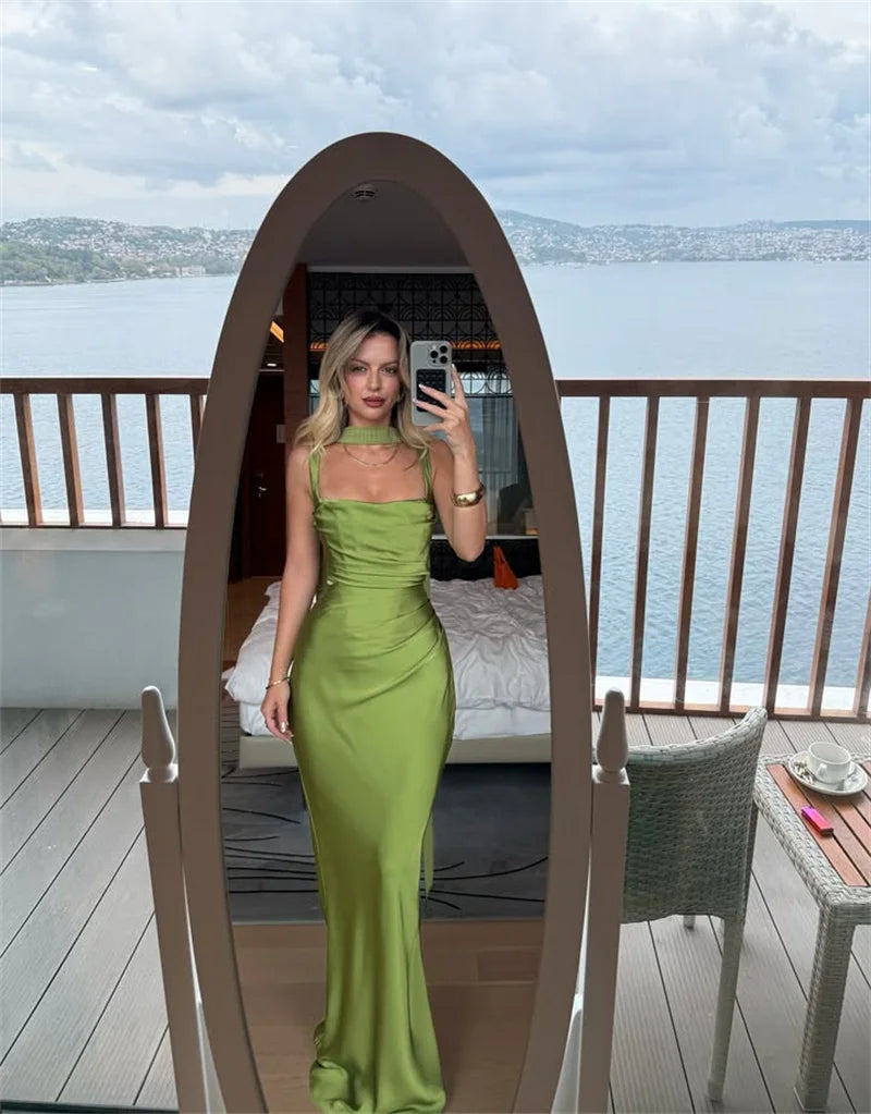 Mozision Satin Backless Sexy Maxi Dress Women Elegant.