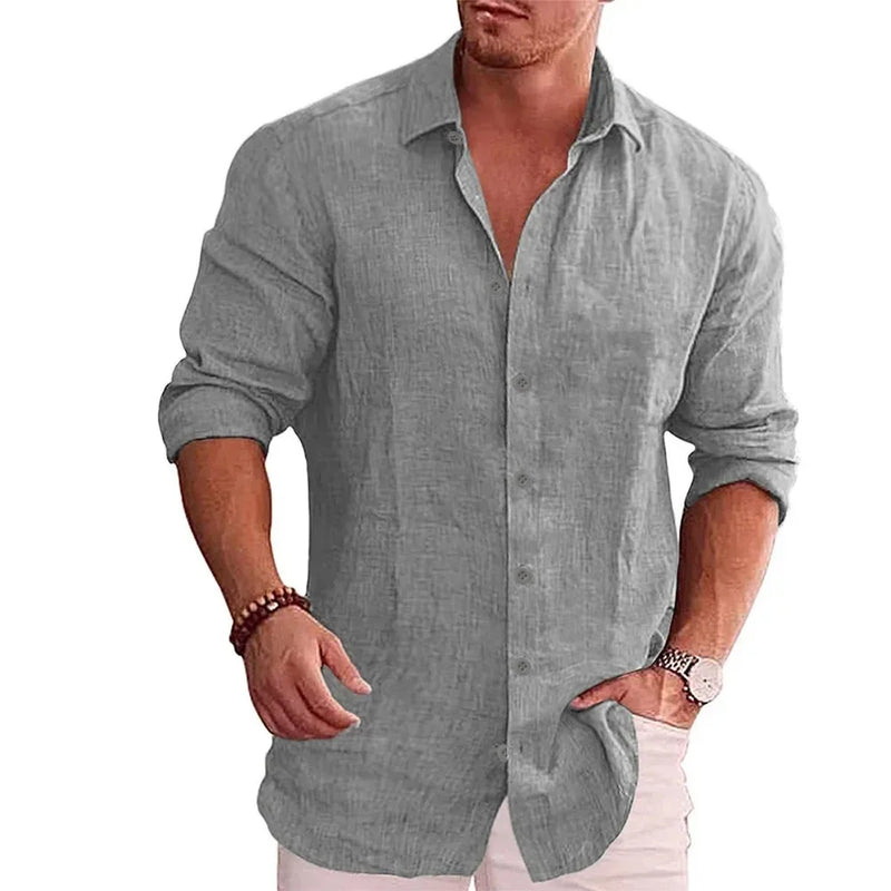 Cotton Linen Autumn Hot Selling Men's Long Sleeve Shirt Solid Color.