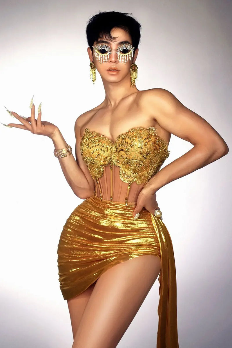 Gold Color Women Sexy 2 Pieces Strapless Bodycon Mini Dress.