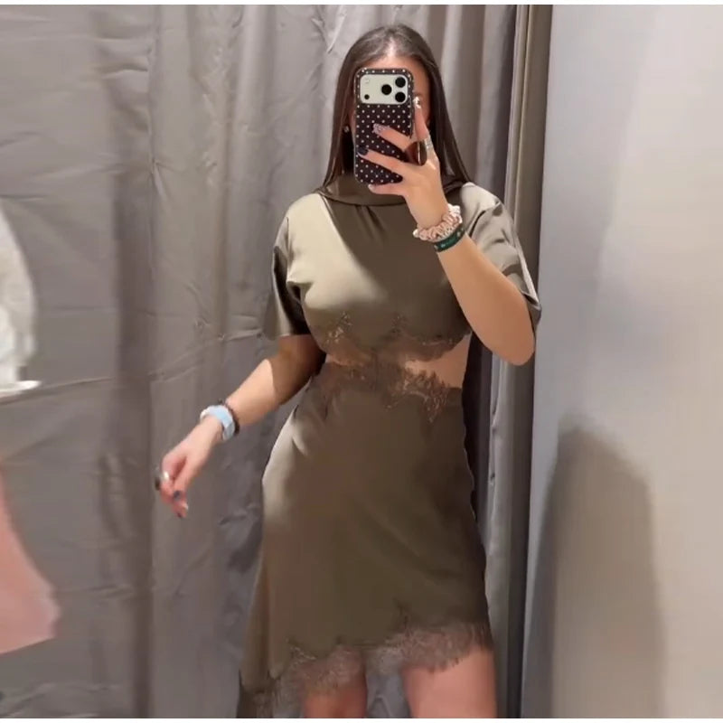 Lace Hollow Out Women Mini Dress Elegant Satin Scarf.