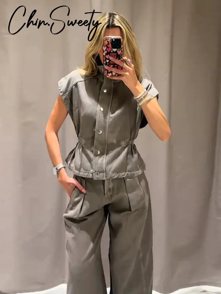 Casual Denim Vest Long Pant Set Women Sleeveless High Collar Button Tops.