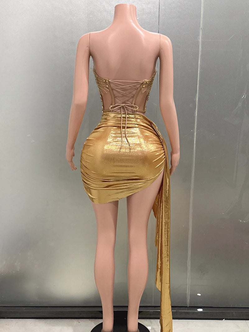 Gold Color Women Sexy 2 Pieces Strapless Bodycon Mini Dress.