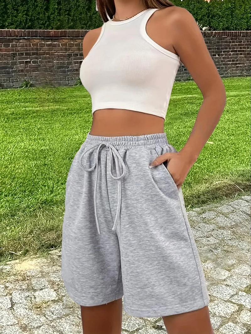 Gray Casual Loose-Fit 5-Pocket Elastic Waistband Shorts Lightweight Summer.