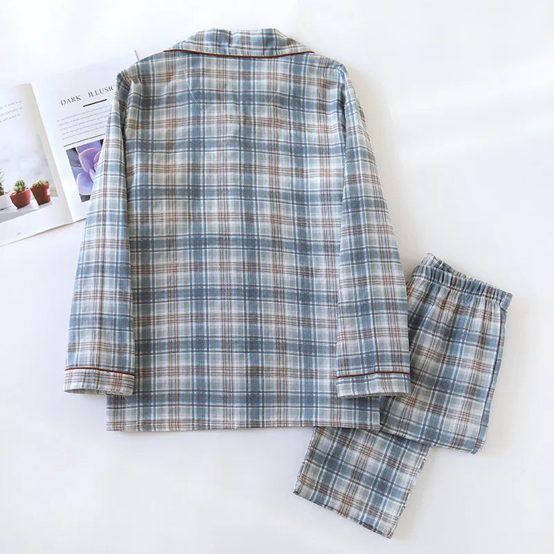 Men's Pajama Set Spring/Summer Checkered Simple Long sleeved Two Piece.