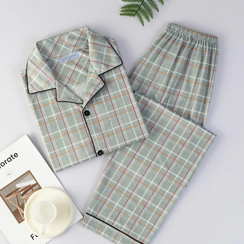 Men Pyjamas Fall and Winter Plaid Simple Sleepwear Homewear.