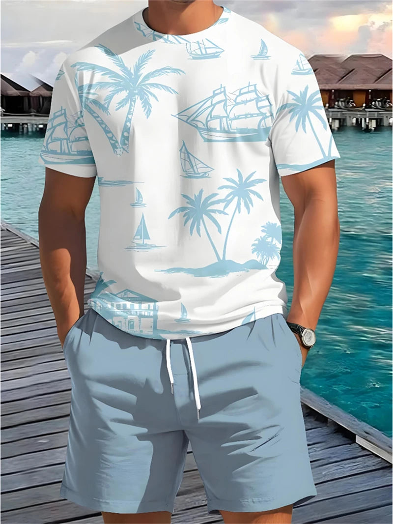 Summer Men's Short Sleeve Palm Tree Print T Shirt Fashion.