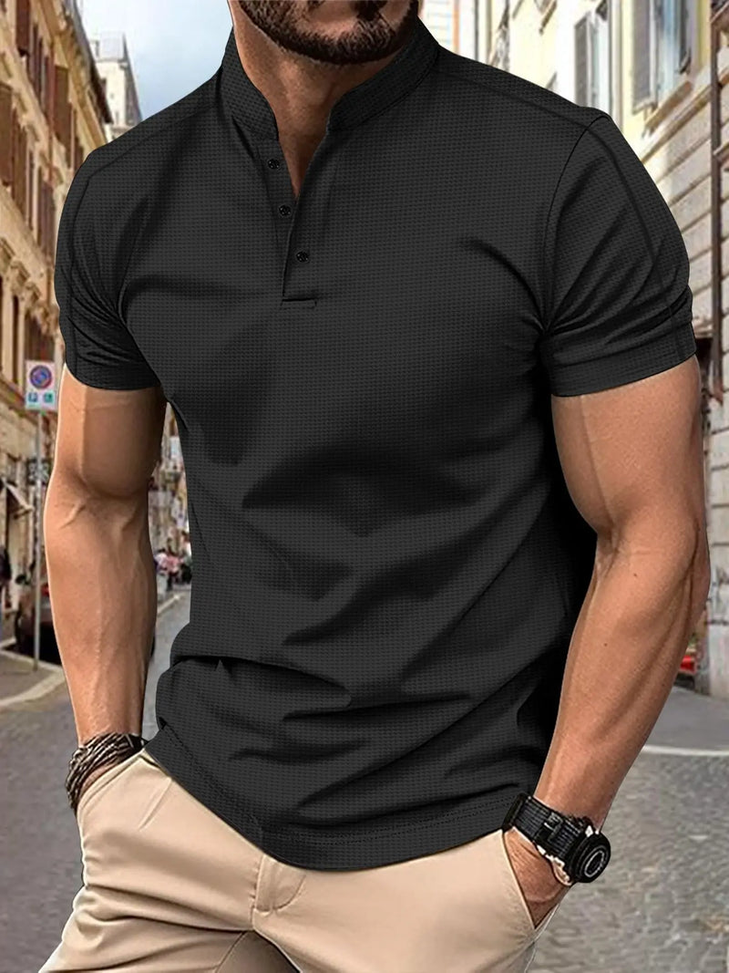 Summer explosion men's short sleeve T-shirt stand collar Waffle Henry.