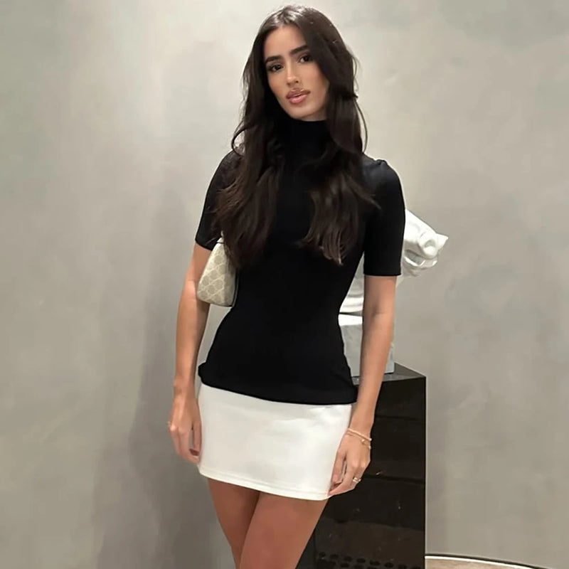 Talenza Elegant Contrast Color Mini Dress Women's Sexy High Neck Short.