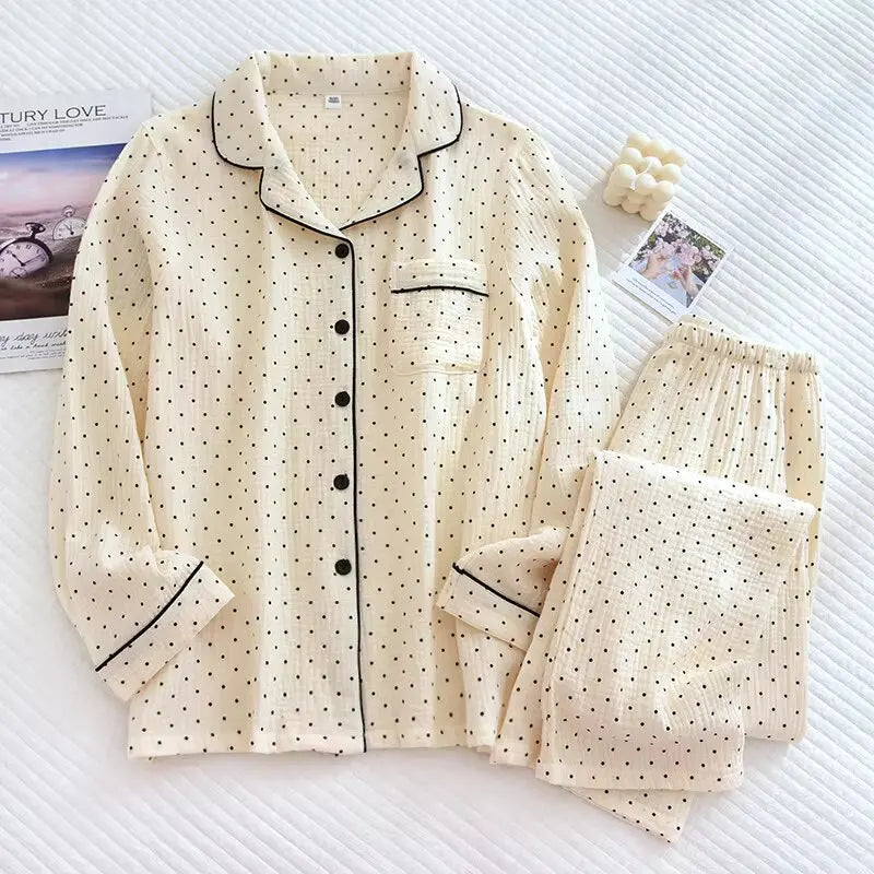 Spring and Autumn Women's Pajama Set cotton crepe long-sleeved trousers.