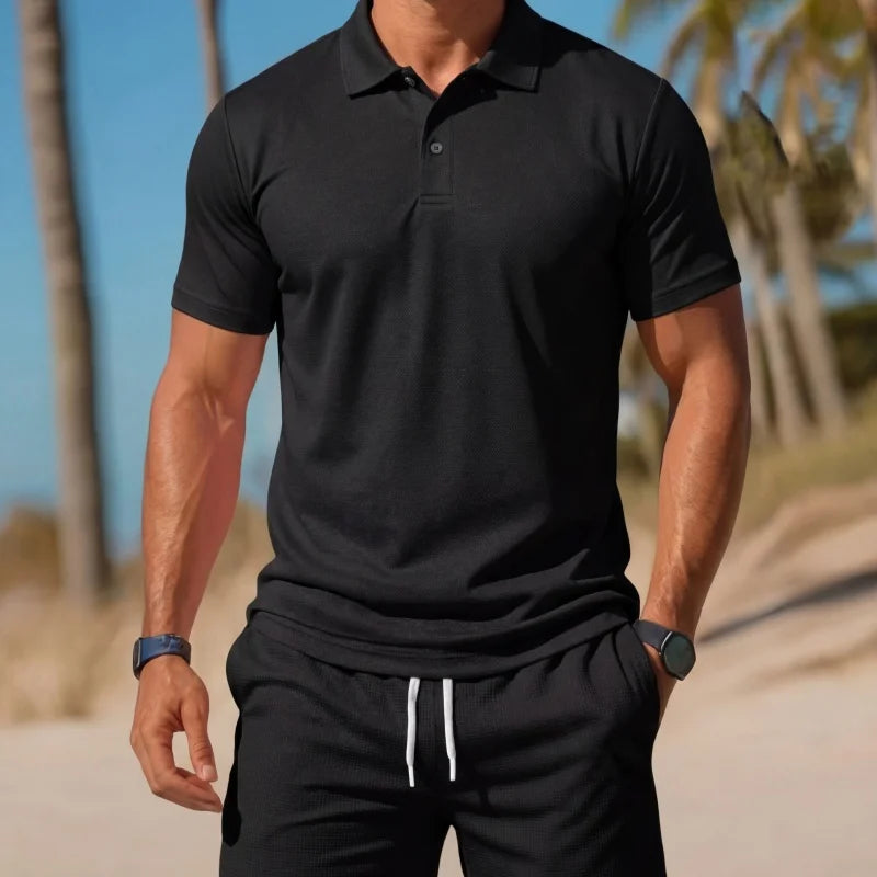 Summer men's Polo shirt, T-shirt and shorts casual set is suitable.