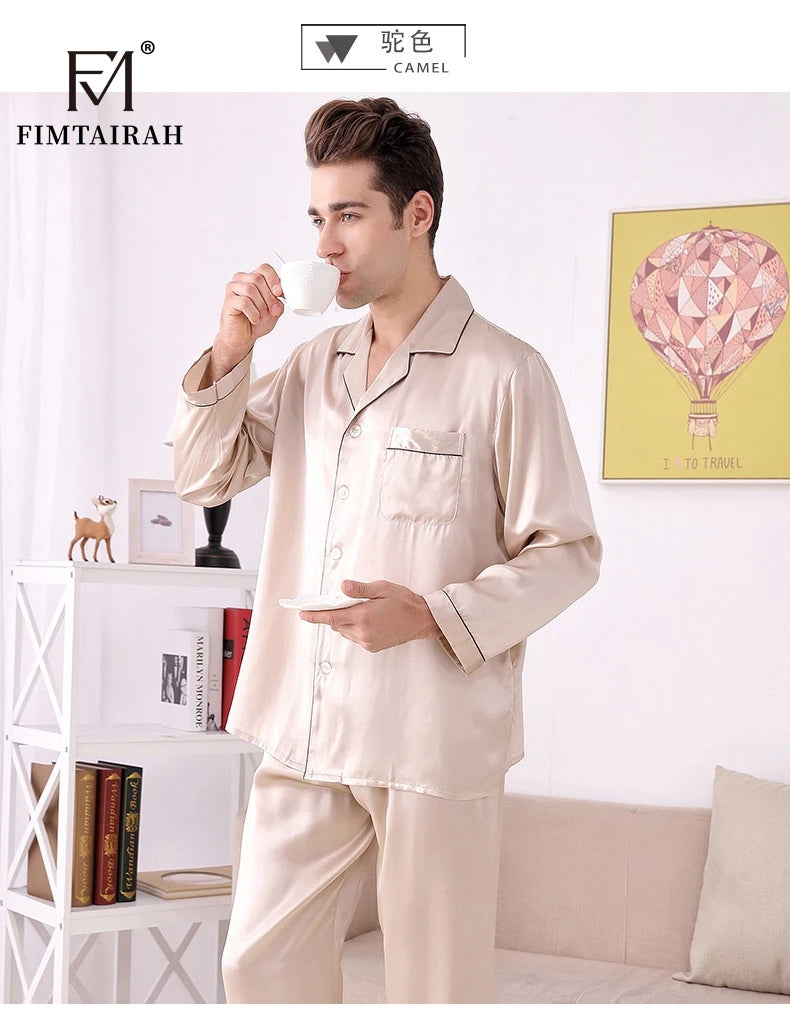 Men's Two Sets Sleepwear Summer Soft Long Sleeve  Home Wear  Mulberry Silk Pijimas.