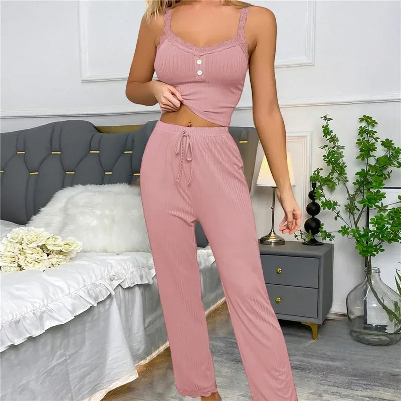 Autumn Winter Two Pieces Pajamas Set for Women Sleepwear.
