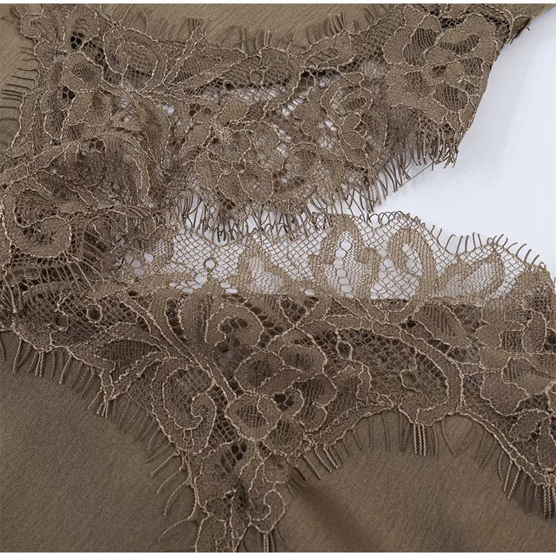 Lace Hollow Out Women Mini Dress Elegant Satin Scarf.