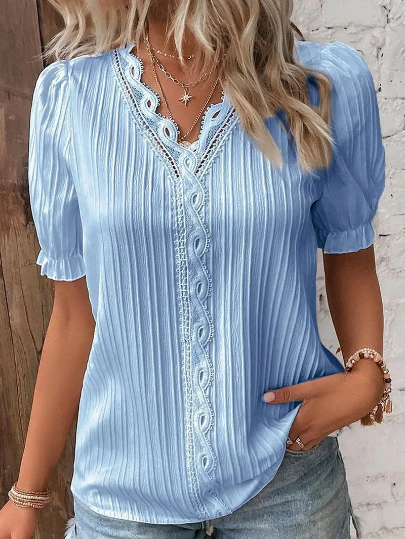 Elegant Women Blouse Shirt V Neck Lace Patchwork Short Sleeve Shirts.