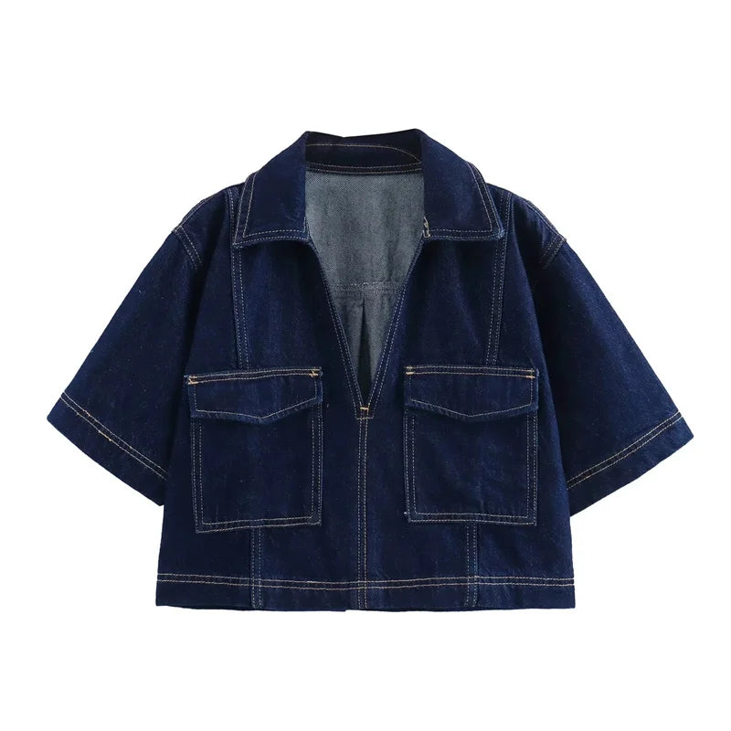 MUJER Blue Denim Shirt Woman Short Sleeve Cropped Shirt Women Summer.