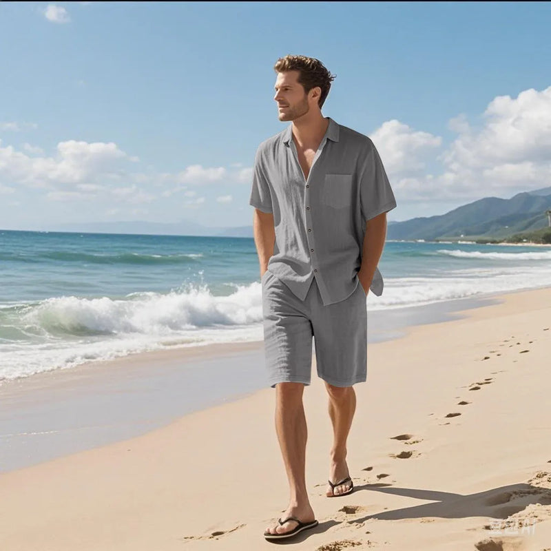 Summer Men's suit is a linen shirt short-sleeved and two-piece shorts set.