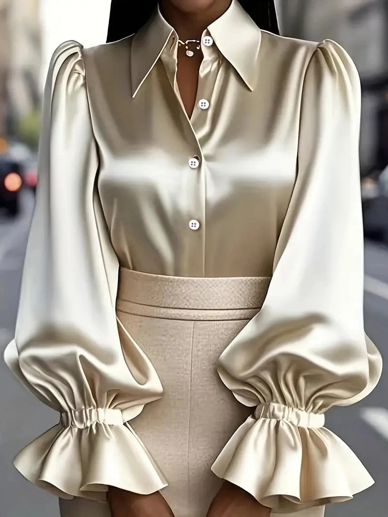 Elegant Satin Blouse with Ruffled Cuff Sleeves and Button-Down Collar.