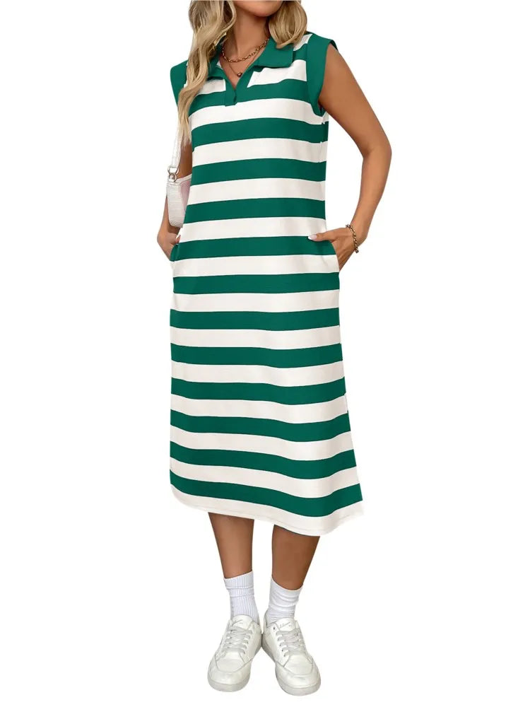 Women's Striped Pocket Lapel Sleeveless Long Dress Fashion.