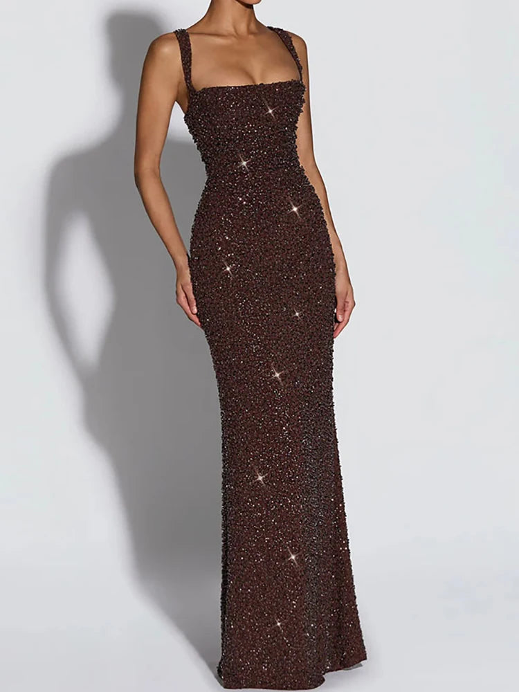 Square Collar Spaghetti Strap Chic Maxi Dress for Women.